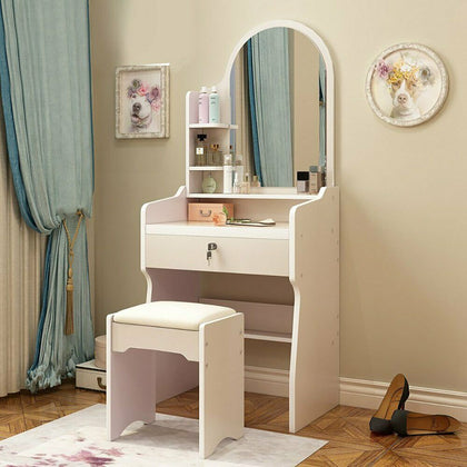 Modern White Dressing Table Set Makeup Vanity Desk With Stool Mirror &Drawer
