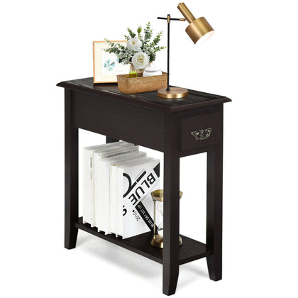 2-Tier End Table W/ Drawer & Double Shelves Narrow Tiered Nightstand for Bedroom