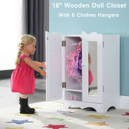18 Inch Doll Closet Wardrobe Wooden Dolls Furniture With 6 Doll Clothes Hangers