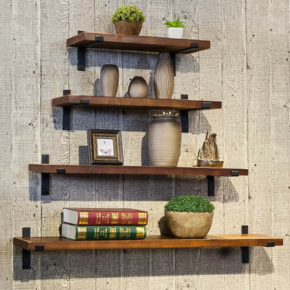 LARGE WALNUT WOOD WOODEN FLOATING SHELVES SHELF UNIT KIT WALL MOUNTED DISPLAY