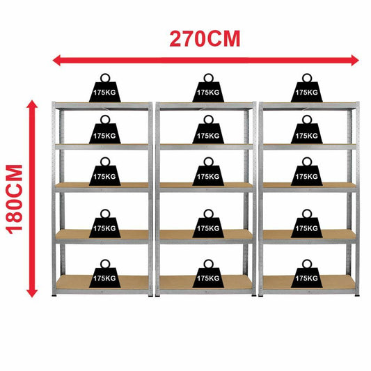 5 Tier Shelf Large 3 Bay Galvanised Heavy Duty Garage Warehouse Shelves Storage