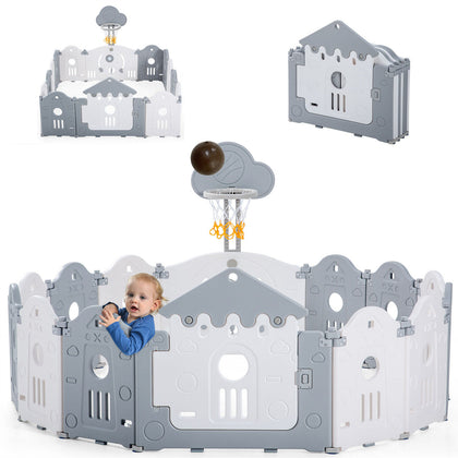 Foldable Baby Playpen with Activity Panel and Basketball Hoop 14 Panels Grey