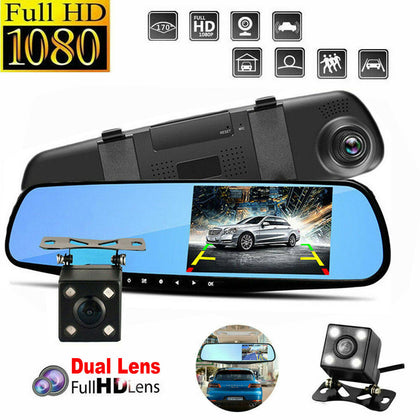 4.3'' HD Dual Lens Car DVR Dash Cam Front and Rear Mirror Camera Video Recorder