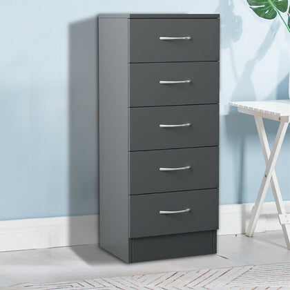 Modern Cabinet Grey Bedside Table Storage Tall Narrow Chest of 5 Drawer