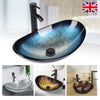 Bathroom Countertop Basin Sink Tempered Glass Wash Bowl Set w/ Tap Pop-up Waste