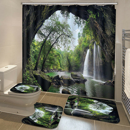 4Pcs/Set Waterfall Bathroom Shower Curtain Bath Toilet Mat Cover Carpet Rug UK