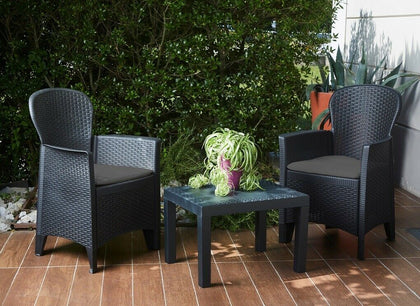 AKITA 3 PIECE BISTRO SET TABLE AND CHAIRS RATTAN EFFECT GARDEN SET WITH CUSHIONS