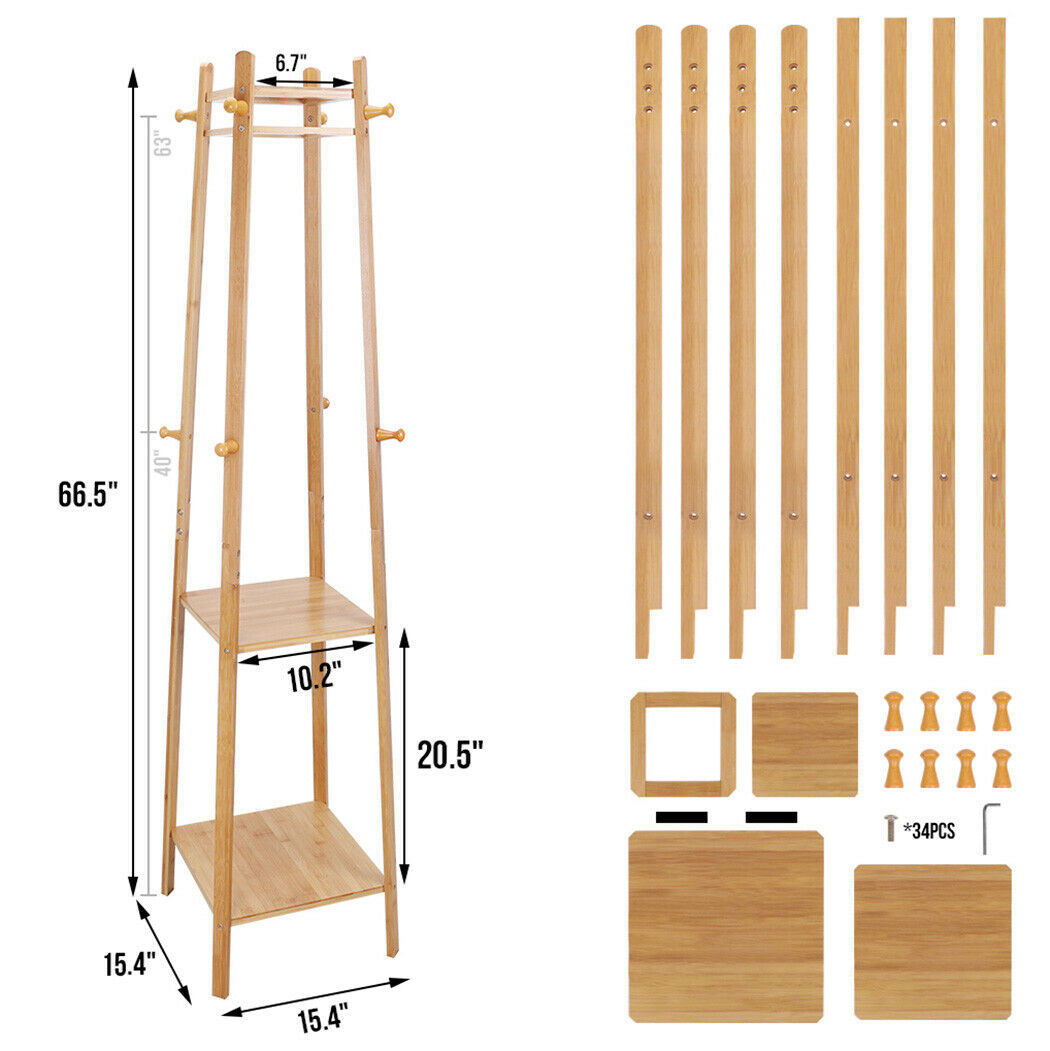 Entryway Hats Coats Rack with Shoes Shelf Set Storage Hallway Organizer Bamboo