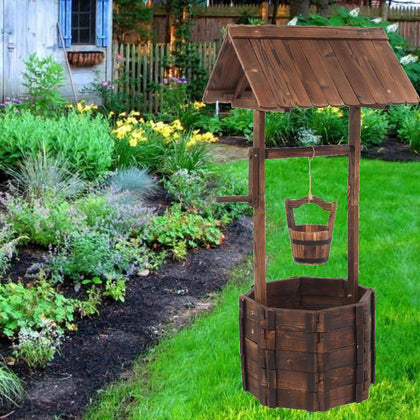 Wooden Wishing Well Planter Outdoor Flower Pot Backyard Garden Décor