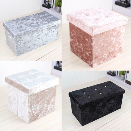 New Quilted Folding Storage Ottoman Seat, Crushed Velvet Toy Storage Box