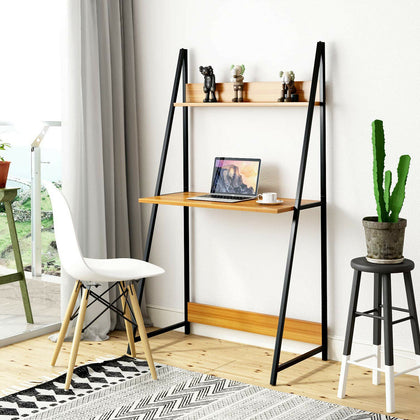 2-Tier Wood Computer Desk Metal Frame Study Writing Table with Shelf Storage