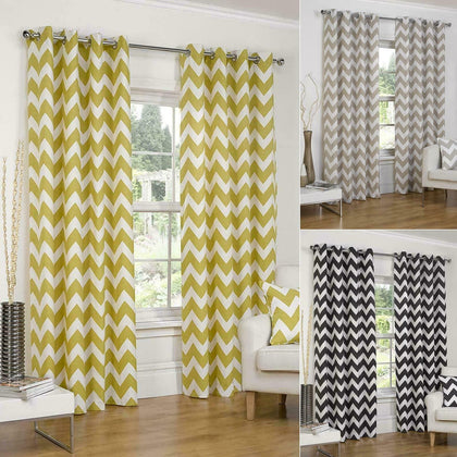Luxury Chevron Zig Zag Lines Ready Made Lined Eyelet Curtains Set Pair Ring Top