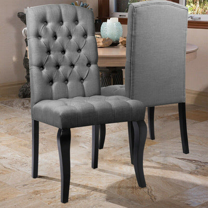2x Luxury Button Fabric Dining Chairs High Back Chesterfield Style Oak Wood Legs