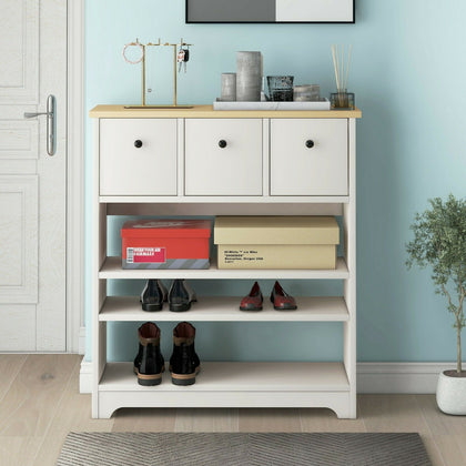 Wooden Side Cabinet 3 Tier Shoe Storage Cabinet Freestanding with Moveable Shelf