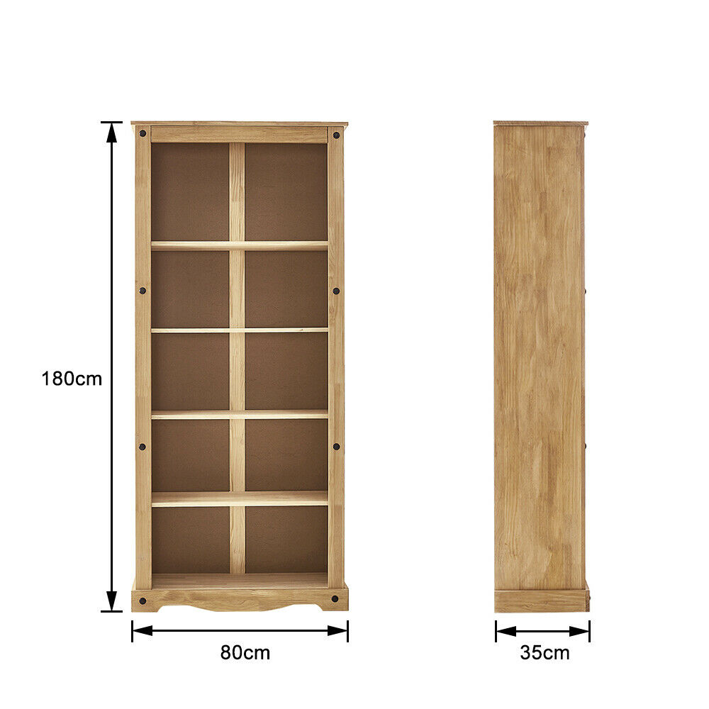 Panana Corona Solid Wood Pine Large Bookcase Tall 5 Shelf Display Shelves Unit