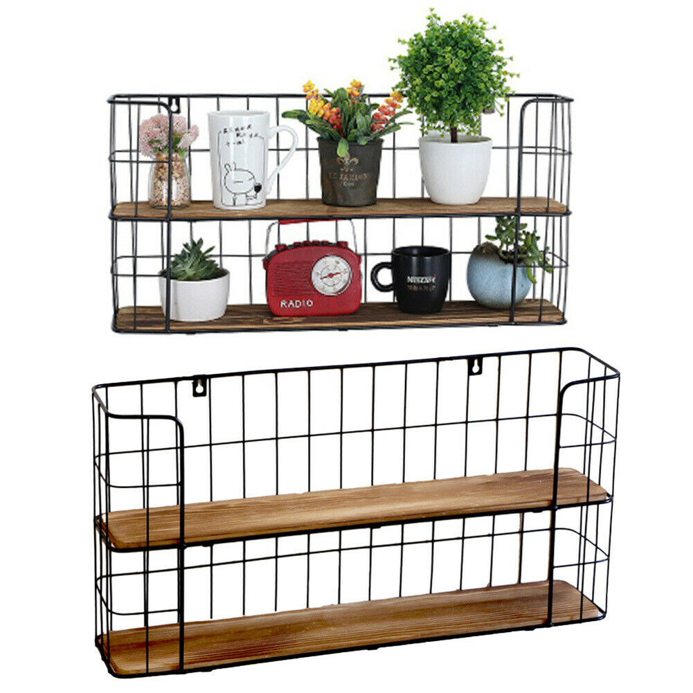 2 Tier Wall Mounted Metal Wire Wood Shelf Floating Shelves Kitchen Storage Rack