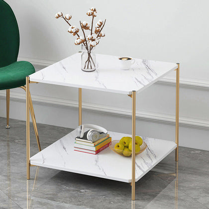 2 Tier Coffee Table Marble Effect Sofa Side End Table Storage Shelf Living Room