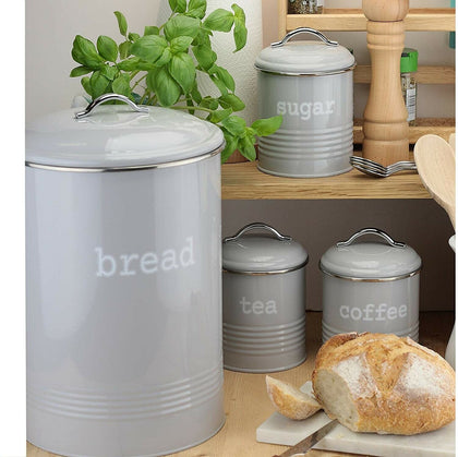 Set of 4 Rnd Tea,Coffee & Sugar & Bread Bin Storage Canisters Jars, In 3 Colours