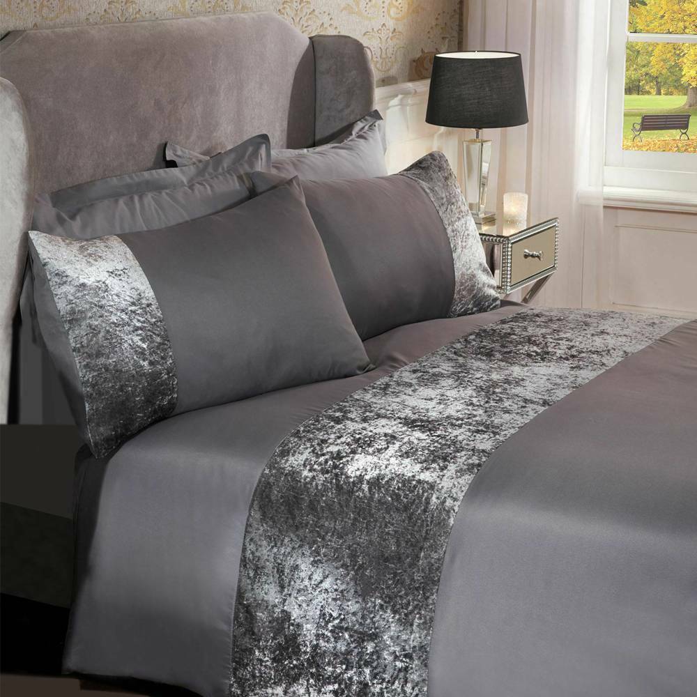 Modern Crushed Velvet Panel Duvet Cover with Pillow Case Bedding Set Silver Grey