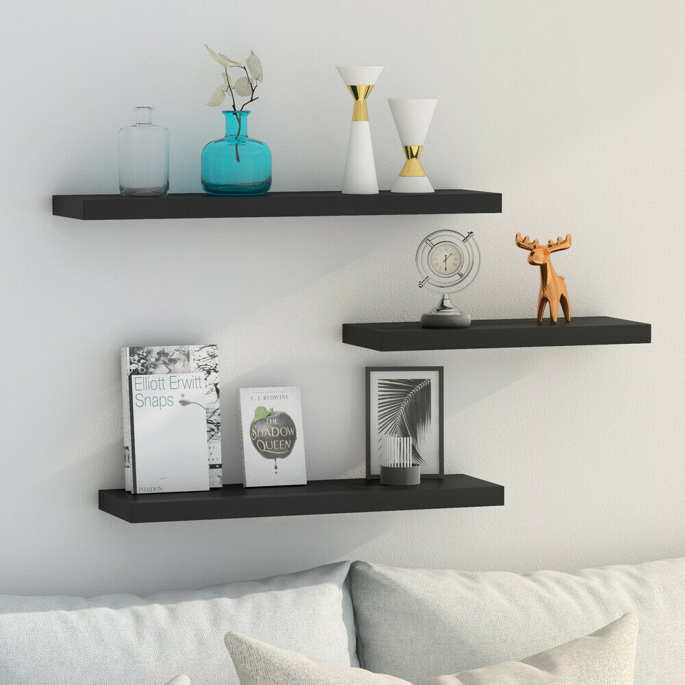 Black 3 x Floating Wall Shelf Wooden Shelves Wall Storage 80cm -