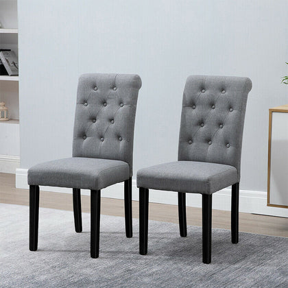 Set of 2 Grey Dining Chairs Fabric Tufted Padded Seat Wood Legs Dining Room Home