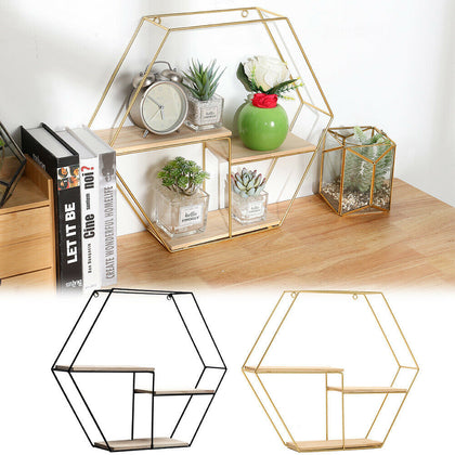 Hexagon Wall Mounted Shelf Metal Wood Storage Display Holder Floating Shelf Rack
