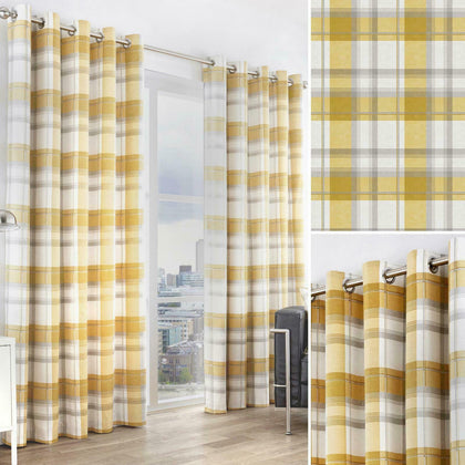 Ochre Eyelet Curtains Balmoral Tartan Check Lined Mustard Ring Top Curtain Pairs