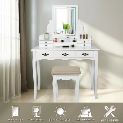 Dressing Table Makeup Desk Stool LED Mirror Vanity Set 7 Drawers Organizer White