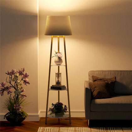 3-Tier Floor Lamp Bedside Light Free Standing Tripod Holder Storage Shelf Linen