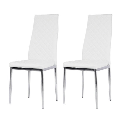 2 Modern White Faux Leather Dining Chairs Padded Seat High Back Chrome Metal Leg