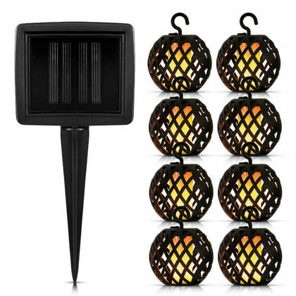 8PC SOLAR RATTAN BALL FLAME EFFECT LED STRING HANGING LIGHT GARDEN LANTERN PATIO