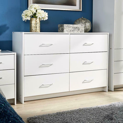 Stratford Wide Chest of 6 Drawers White Bedroom Storage Drawers Metal Runners