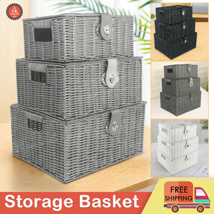 SET OF 3 Storage Baskets Resin Wicker Woven Hamper Tidy Box With Lid & Lock New