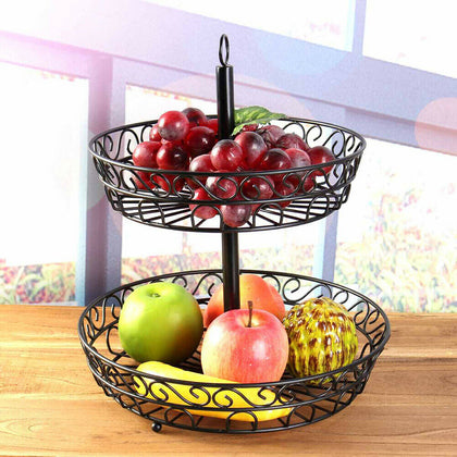 2 Tier Metal Wire Fruit Bowl Basket Storage Holder Stand Kitchen Vegetable Rack
