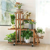 5 Tier Pine Wood Ladder Plant Stand Flower Planter Rack with 4 Lockable Wheels O