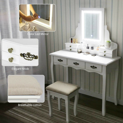 Dressing Table Makeup Desk LED Mirror Vanity Set 7 Drawers Organizer Stool White