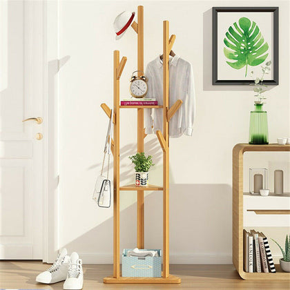 Sturdy Natural Bamboo Tree Garment Clothes Coat Hat Hanger Stand Rack w/ Shelves