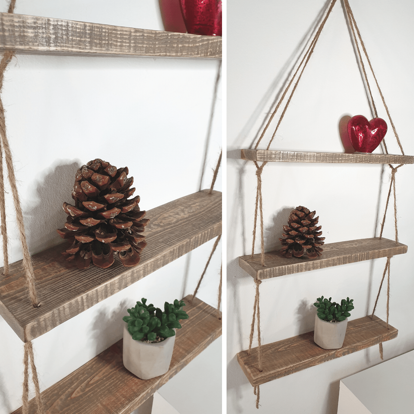 Rustic Shabby Chic Handmade Rope Shelves Wooden Natural Wood Hanging 3 Tier 40cm