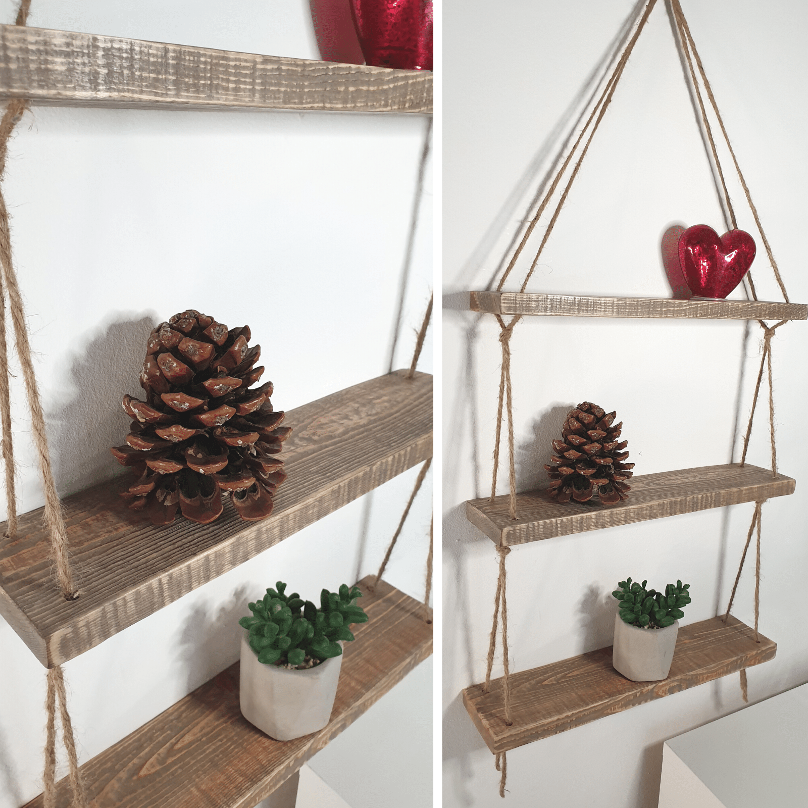 Rustic Shabby Chic Handmade Rope Shelves Wooden Natural Wood Hanging 3 Tier 40cm