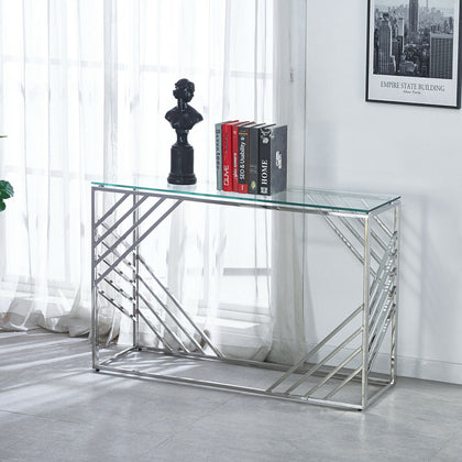 Glass Console Table Side Table Clear Tempered Glass Silver Stainless Steel Legs