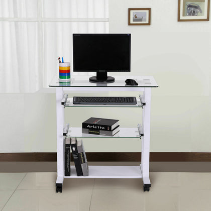 HOMCOM Computer Workstation Laptop PC Desk Glass Table Stand w/ Wheels