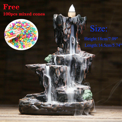 Resin Incense Waterfall Burner Backflow Smoke Censer Holder + Free 100pcs Cones