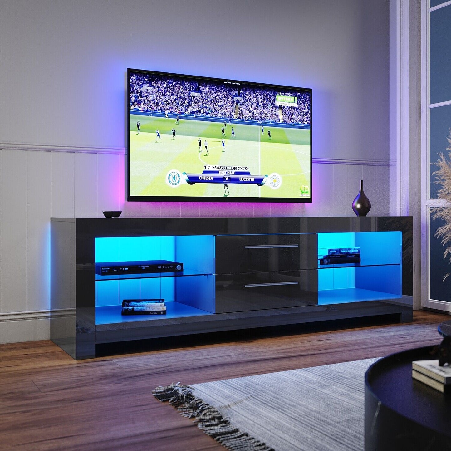 Black TV Stand Unit Cabinet Modern High Gloss Drawers 160cm with RGB LED Light