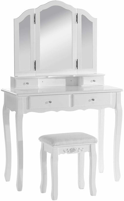 MDF Dressing Table Stool Set with 3 Mirror&4 Drawers Makeup Desk Dresser White