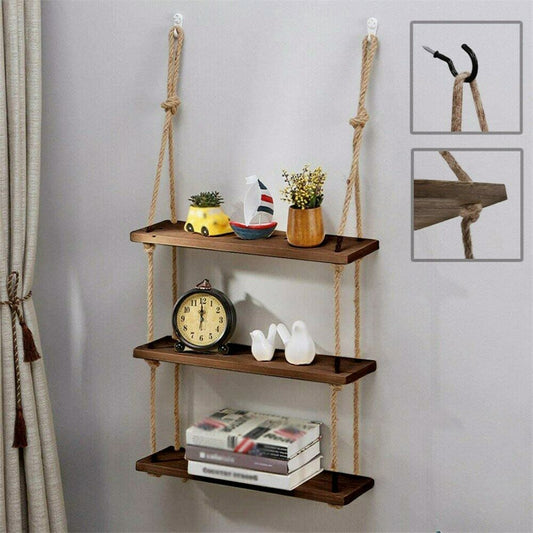 3 Tiers Rustic Wooden Wall Hanging Rope Shelf Mounted Floating Storage Unit Home