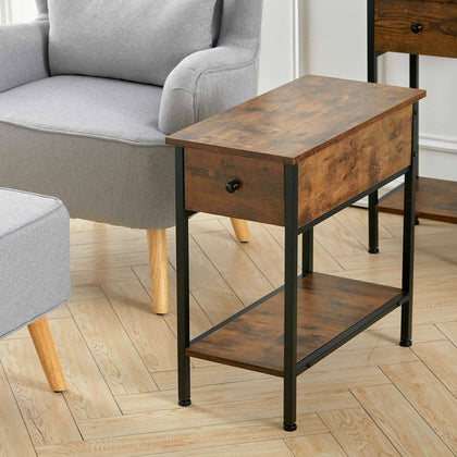 Industrial Wooden Side Table Narrow End Table Nightstand with Drawer Open Shelf