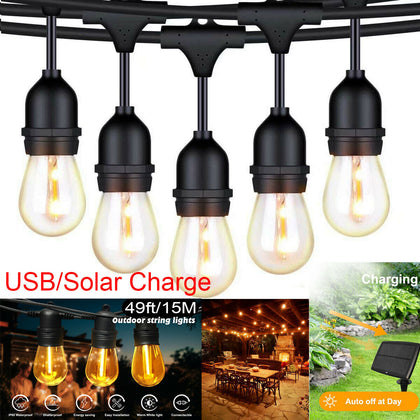 49FT Outdoor Garden LED Festoon Fairy String Lights 15 Bulbs USB & Solar Powered
