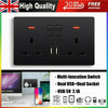 Double Wall Plug Socket 2 Gang 13A w/ 2 USB Charger Port Outlets Black Plate UK