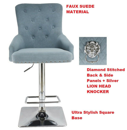 Grey blue Suede Upholstered Bar Chair Stool Gas Lift Swivel LION HEAD KNOCKER