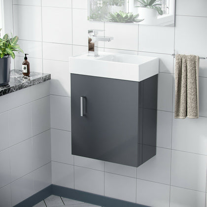 400 mm Basin Vanity Unit Compact Grey Wall Hung Bathroom Sink & Tap Set | Pileh